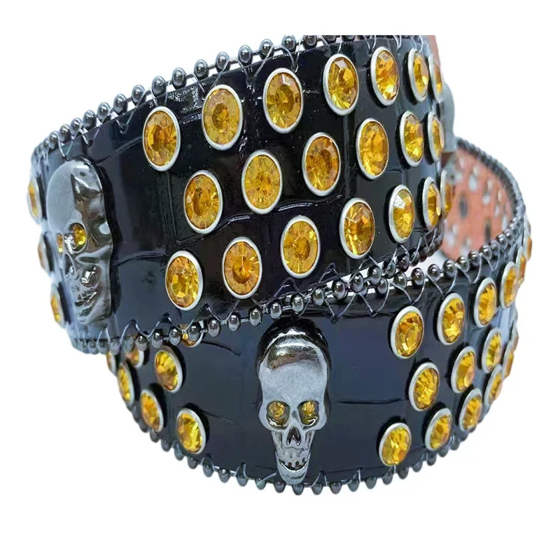 thumbnail image 1 of Cinturón con cabeza de calavera para hombre, versátil y de moda, con diamantes, para mujer, de alta gama, con tachuelas recortadas, estilo Y2k, con borde cruzado, 1 of 5