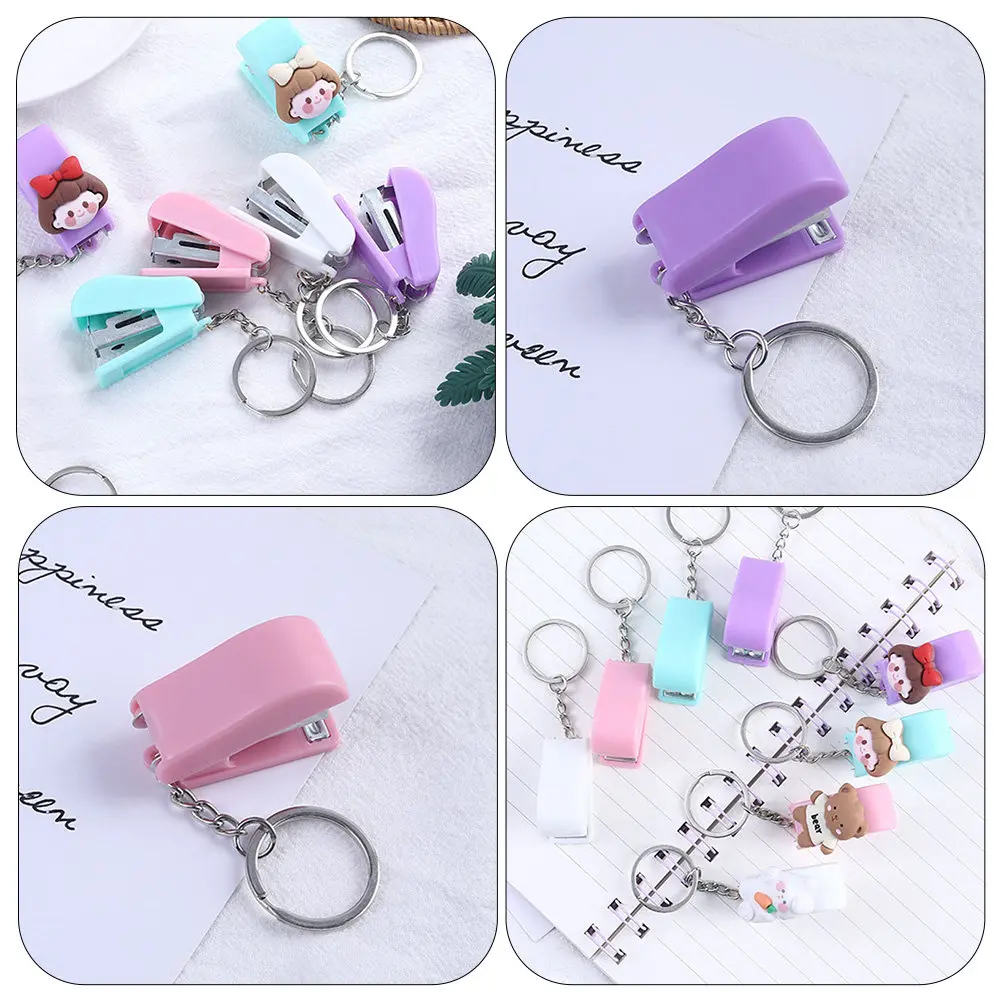 1 세트 절묘한 소형 스테이플러 펜던트 휴대용 미니 스테이플러 학생용 열쇠고리 교사 사무직 직원 학교 가정용 밝은 색상