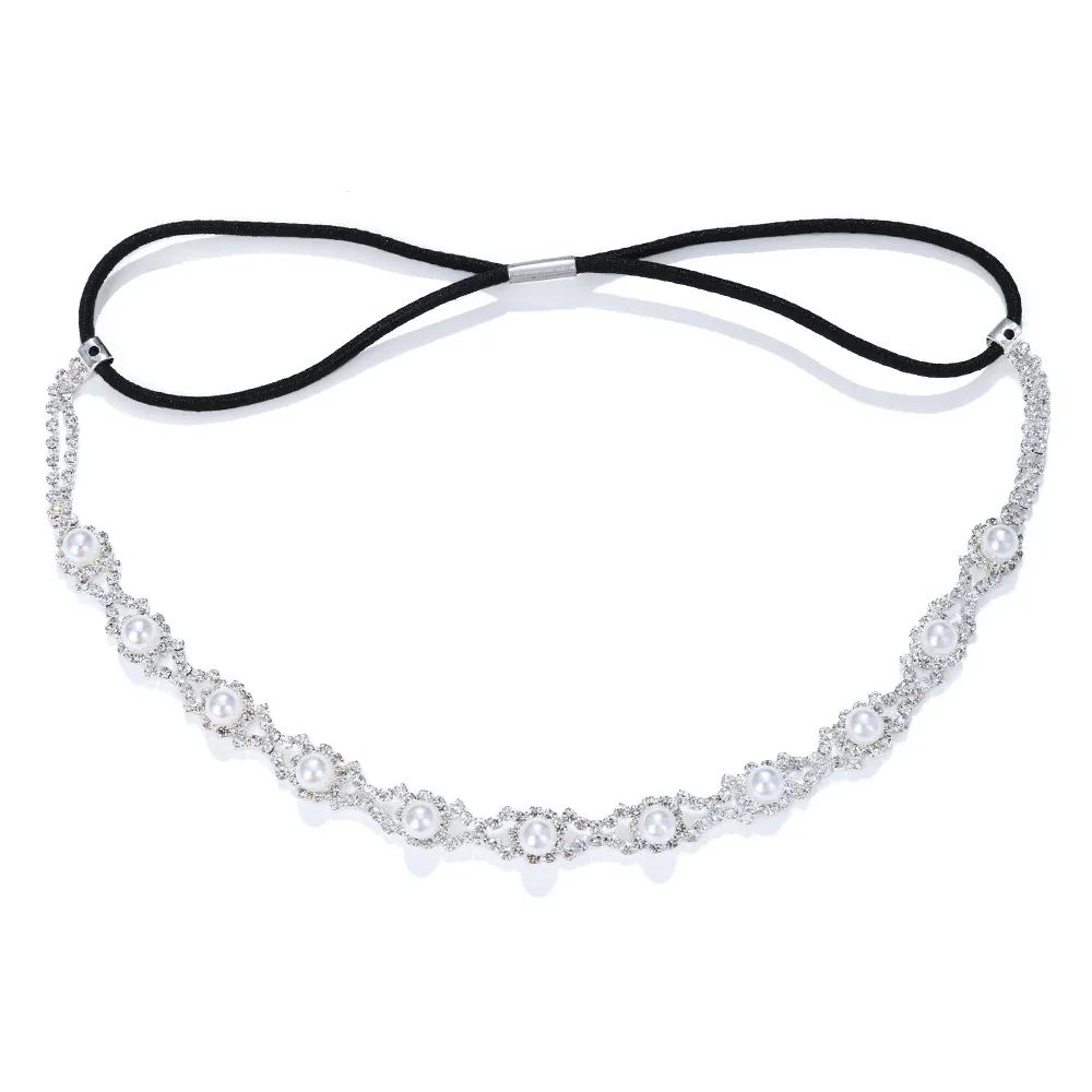 Women Elastic Rhinestone Headband Wedding Bridal Hair Chain Pearl Crystal Hair Band Accessories