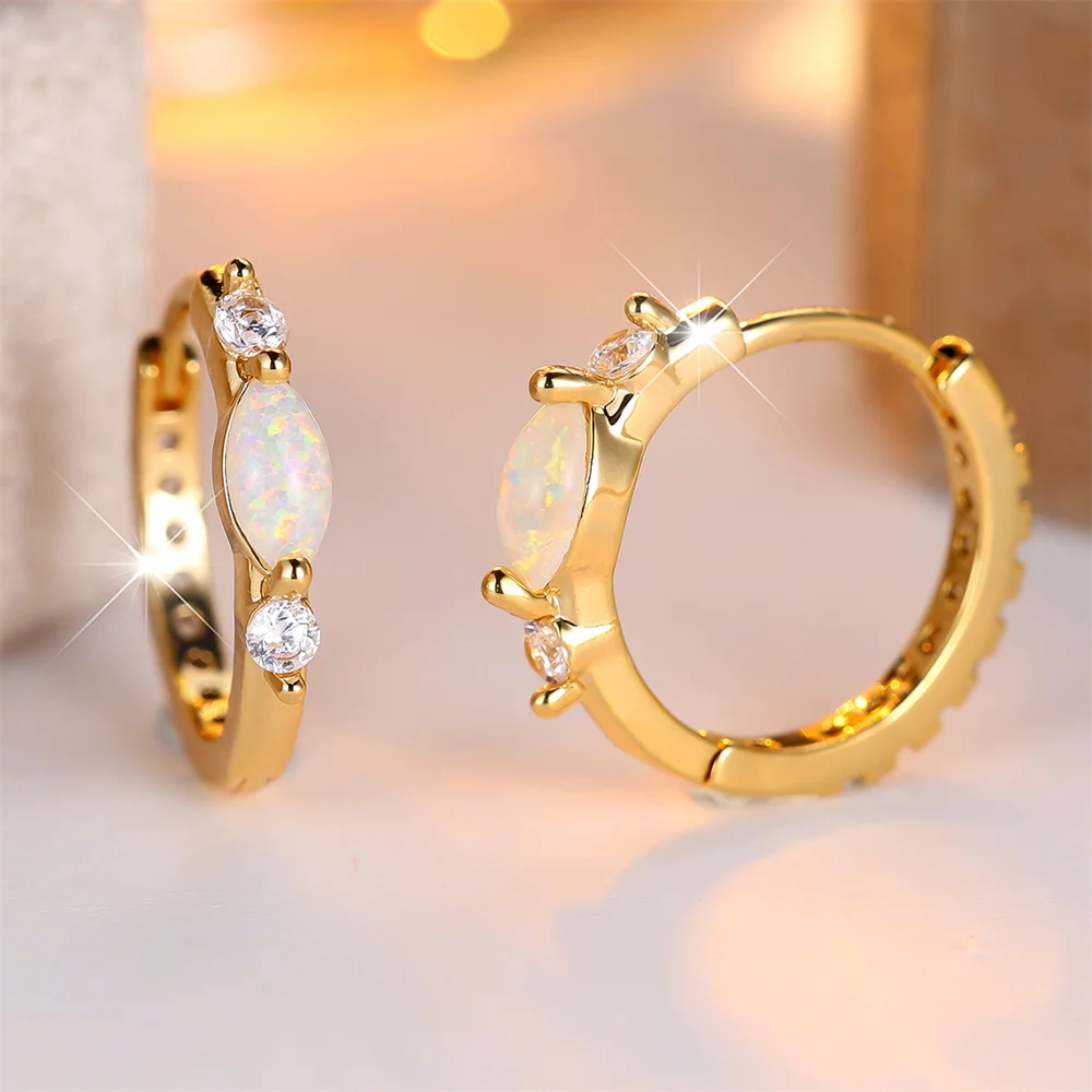 Marquise Stone White Opal Round Hoop Earrings For Women Vintage Fashion Gold Color Ear Buckle Wedding Jewelry Mother's Day Gifts