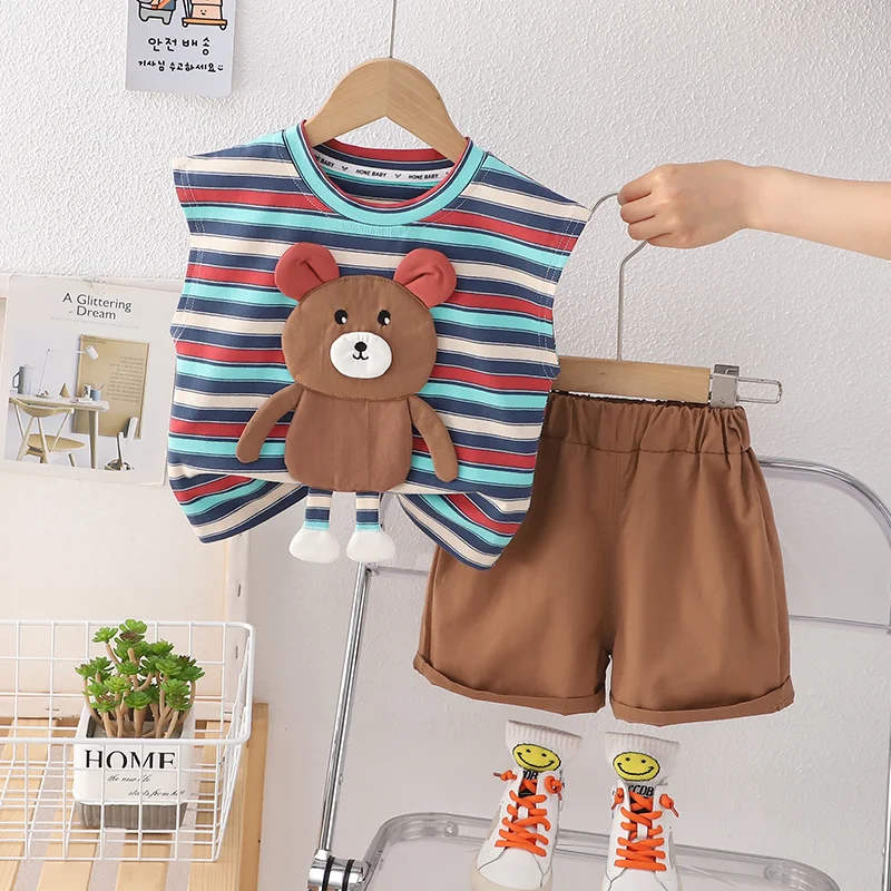 

Children's Set 2023 New Summer Boys And Girls' Baby Cartoon Creative Stripe Tank Top T-shirt Children's Two Piece Sets 1-5 Yrs