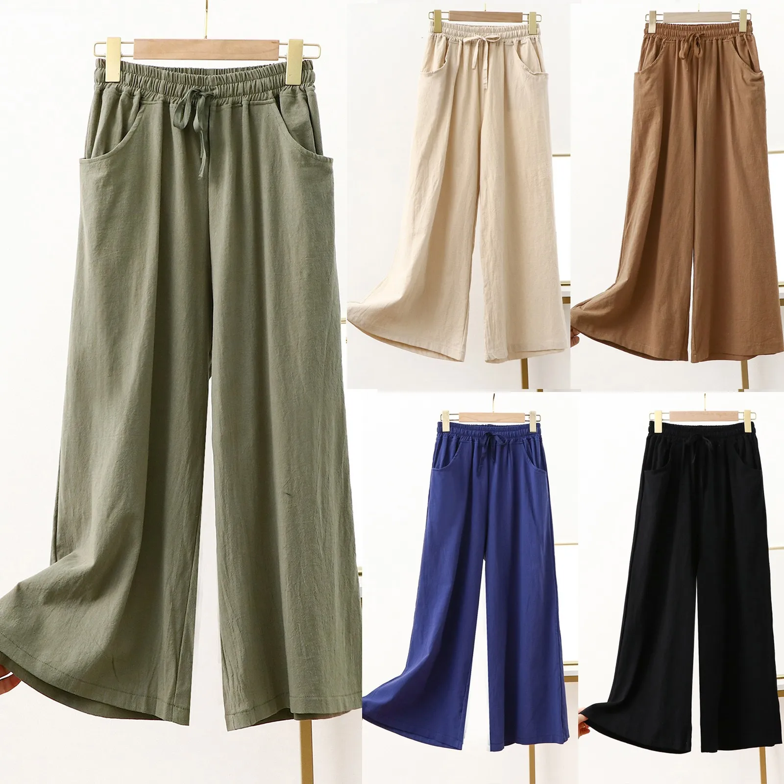 

Summer Pants Drawstring Solid Color Wide Leg Pants Stylish Women's Clothing Elastic Waist Pockets Loose Vintage Cropped Pants