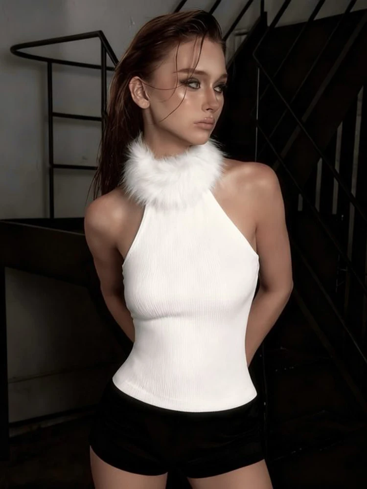 Nibber Faux Fur Collar Vest Women Christmas Sexy Fashion Hottie Music Festival Midnight Hip-Hop Style Classic Street Wild Tops