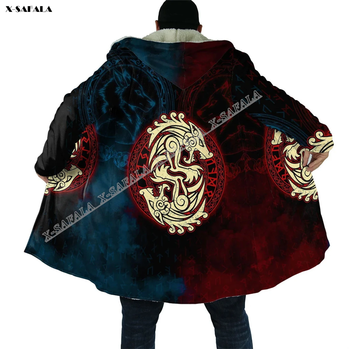 Viking Tattoo Dragon Warm 3D Printed Overcoat Hooded Blanket Coat Cape Robe Fleece Loose Men Female Cloak Windproof
