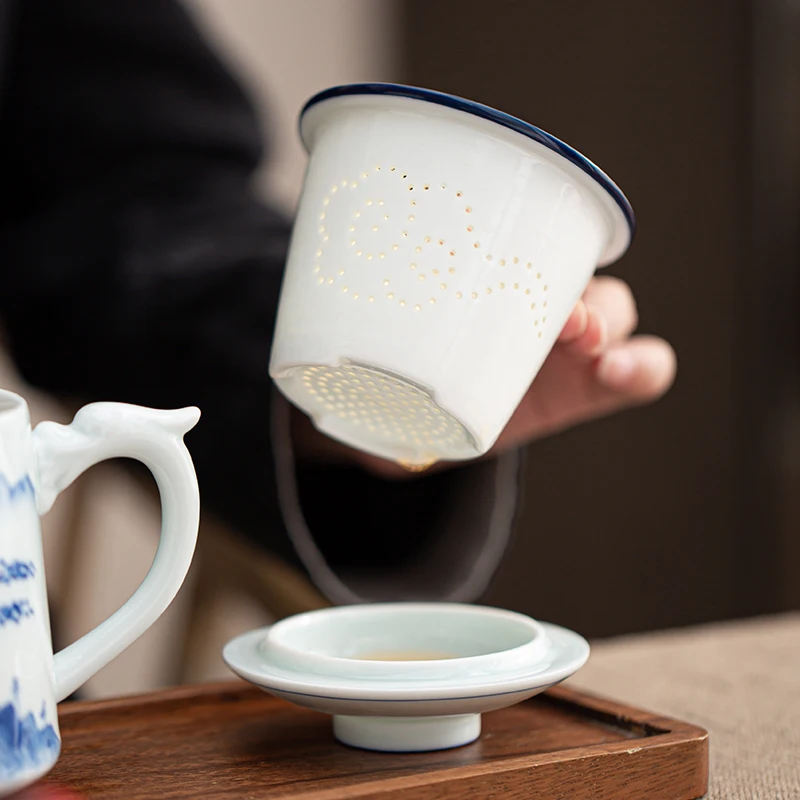 Chinese Style Ceramic Mugs, Home Personal Office Creative Teacup With Cover, Filtered Tea Water Separation, Tea Cups, 500ml, 1Pc