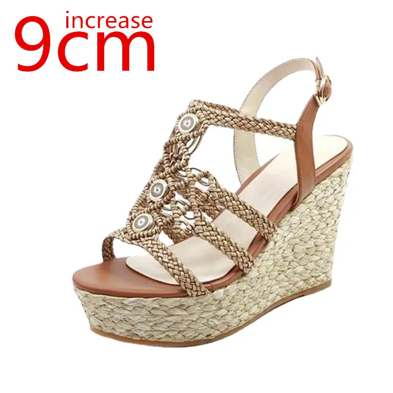 

Slope Heel Sandals for Women Heightening Summer New National Style Genuine Leather Woven Thick Sole Hollow Out Roman Women Shoes