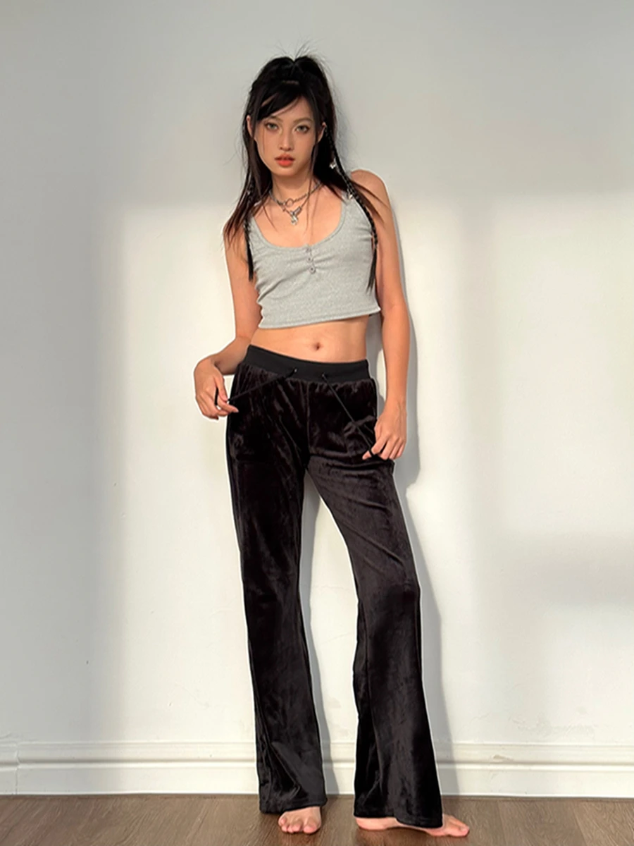 

Women Velvet Bell Pants High Waist Solid Color Flared Trousers Soft Comfy Palazzo Pants Drawstring Yoga Elasticated Lounge