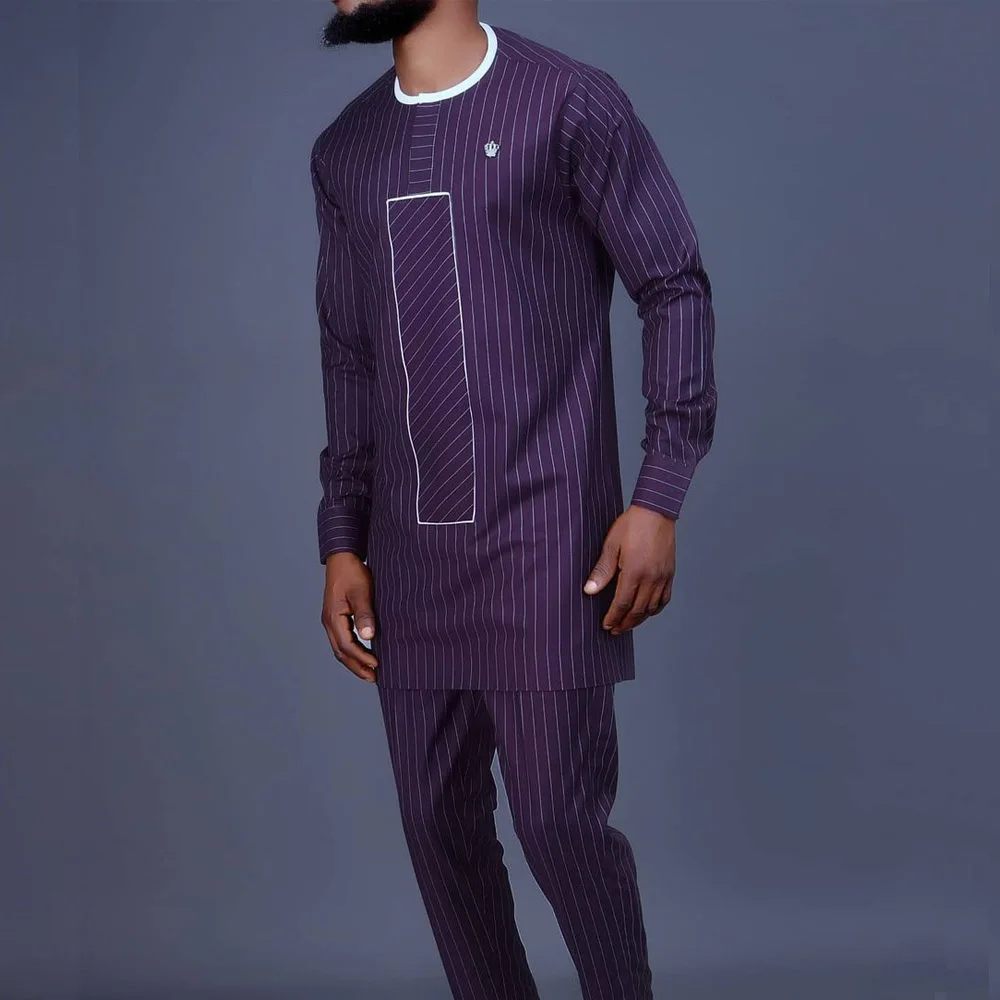 Men's Dashiki Crew Neck Long Sleeve Shirt Striped Pants Set Men's 2 Piece Suit Traditional Men's T-Shirt Men's Pants New Suit