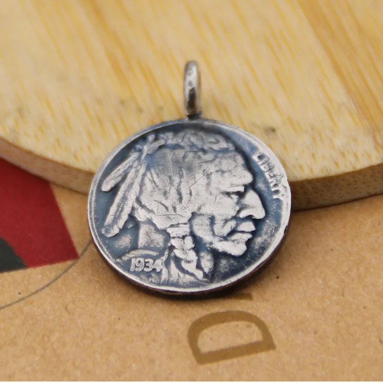 

S925 pure silver hand indians bison coin restoring ancient ways men and women with silver pendant
