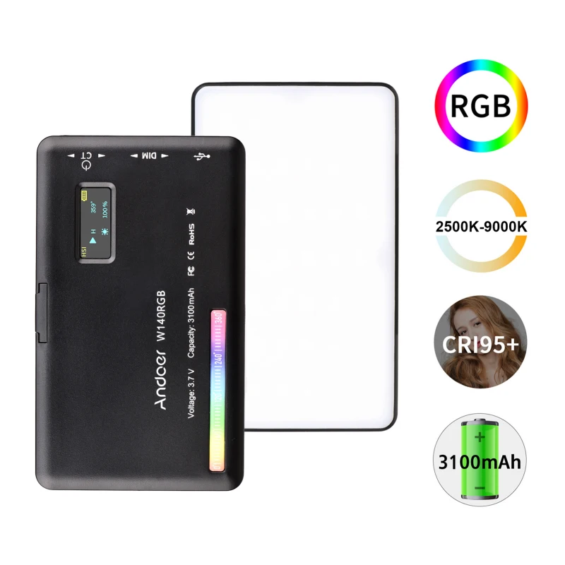 Andoer RGB LED 비디오 조명, 사진 필 라이트, CRI95 + 2500K-9000K LCD 디스플레이, 브이로그 라이브 스트리밍 화상 회의용, W140