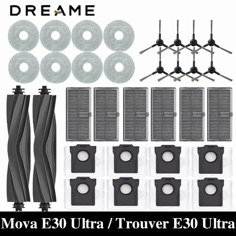 Dreame Mova E30 Ultra / Trouver E30 Ultra Robot Vacuums Cleaner Accesories Main Side Brush Hepa Filter Mop Cloths Dust Bag Spare