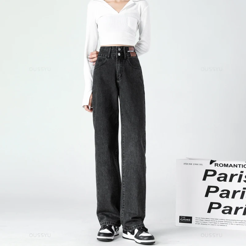 OUSSYU Y2K Woman Jeans High Waist Wide Leg Cotton Denim Clothing Blue White Streetwear Vintage Fashion Harajuku Straight Pants 5