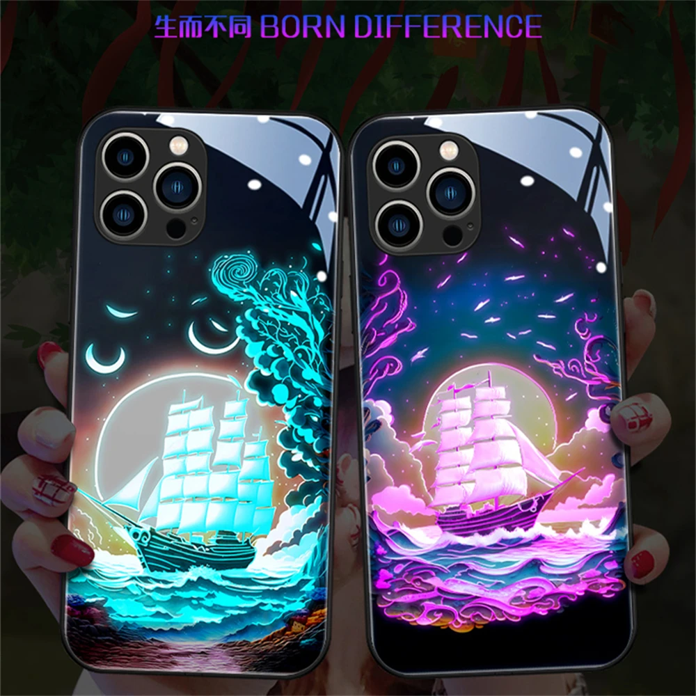 

Sailing Boat Luminous Tempered Glass Phone Case For Samsung A73 A72 A54 A53 A52 A14 Note 20 10 Ultra Plus LED Backlight Cover