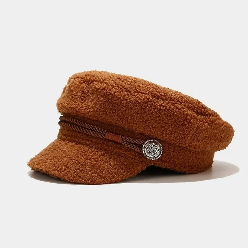 Fashion Lambswool Newsboy Cap Ladies Casual Keep Warm Flat Top Hat Female Autumn Winter Military Cap Women