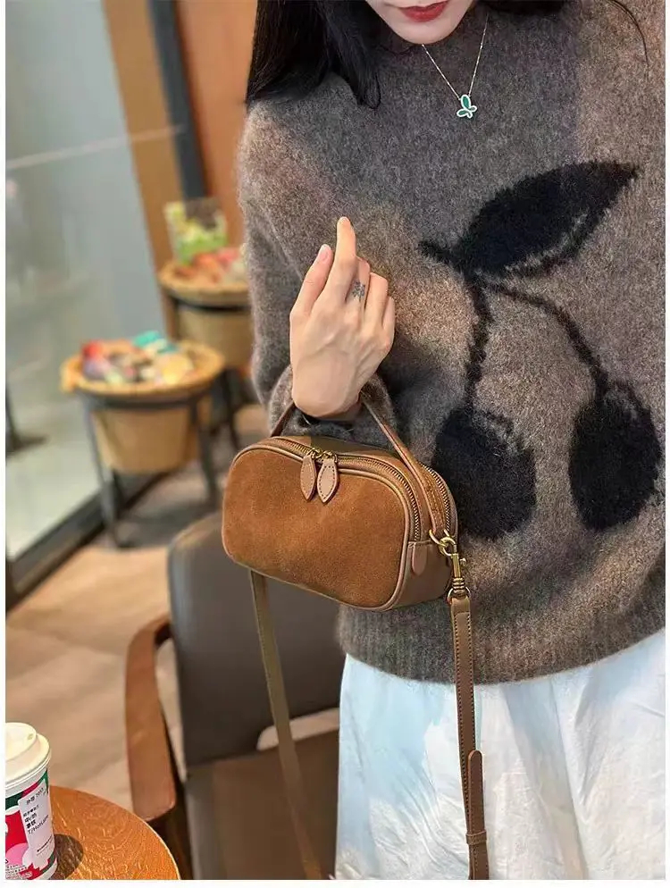 Women's Genuine Suede Cowhide Leather Shoulder Bag - Material close-up
