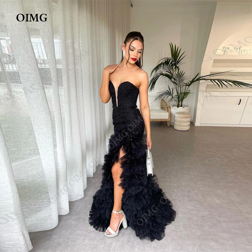 

OIMG Women’s Sparkly Lace Beads Prom Dress Tulle Mermaid Cocktail Dress Side Slit Floor Length Formal Evening Party Gowns