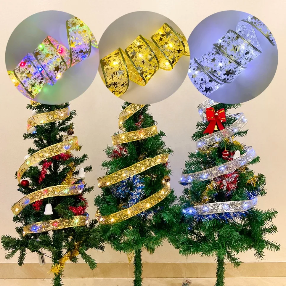 

Christmas Decoration LED Ribbon Fairy Lights Christmas Tree Ornaments for Home 2023 DIY Bows Light String Navidad New Year