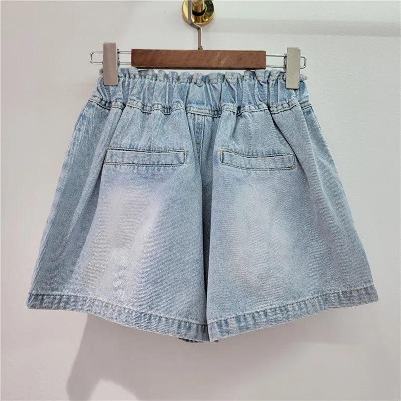 Exquisite Rhinestone Beaded White Love High Waist Slimming Wide-Leg Denim Shorts Women 2024 Summer New Short Jeans Booty Shorts