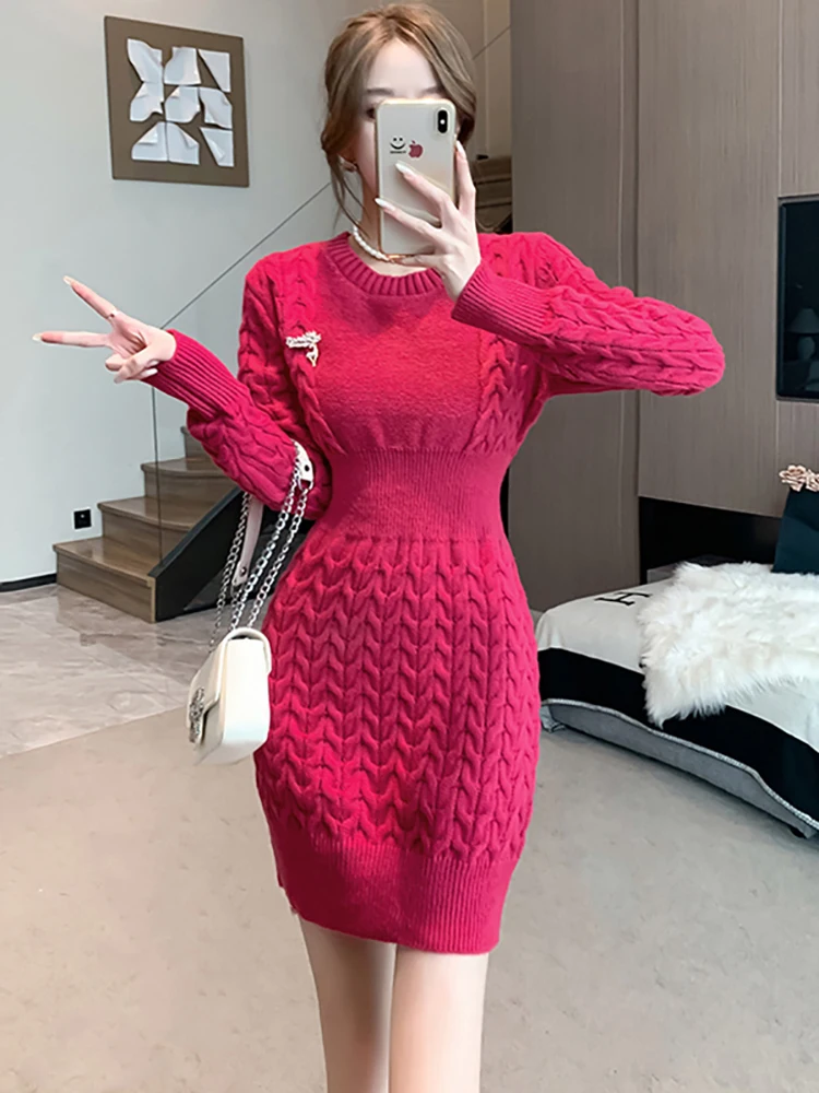 

Women Red Knitted Elegant Sweater Dress Autumn Winter Long Sleeve Bodycon Chic Short Dress 2023 Korean Vintage Party Night Dress