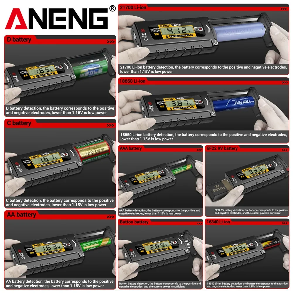 ANENG BT169 Digital Battery Testers Detector Multifunctional Quickly Measure Battery AA/AAA/C/D/9V/1.5V Button Cell Measurement battery tester