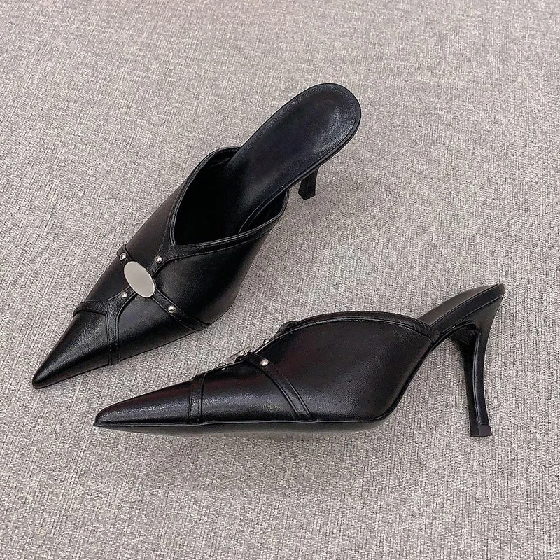 

2024 Fashion High Heel Slippers Brand Designer Women Fashion Shoes with Pointed Toe Leather Zapatos Mujer