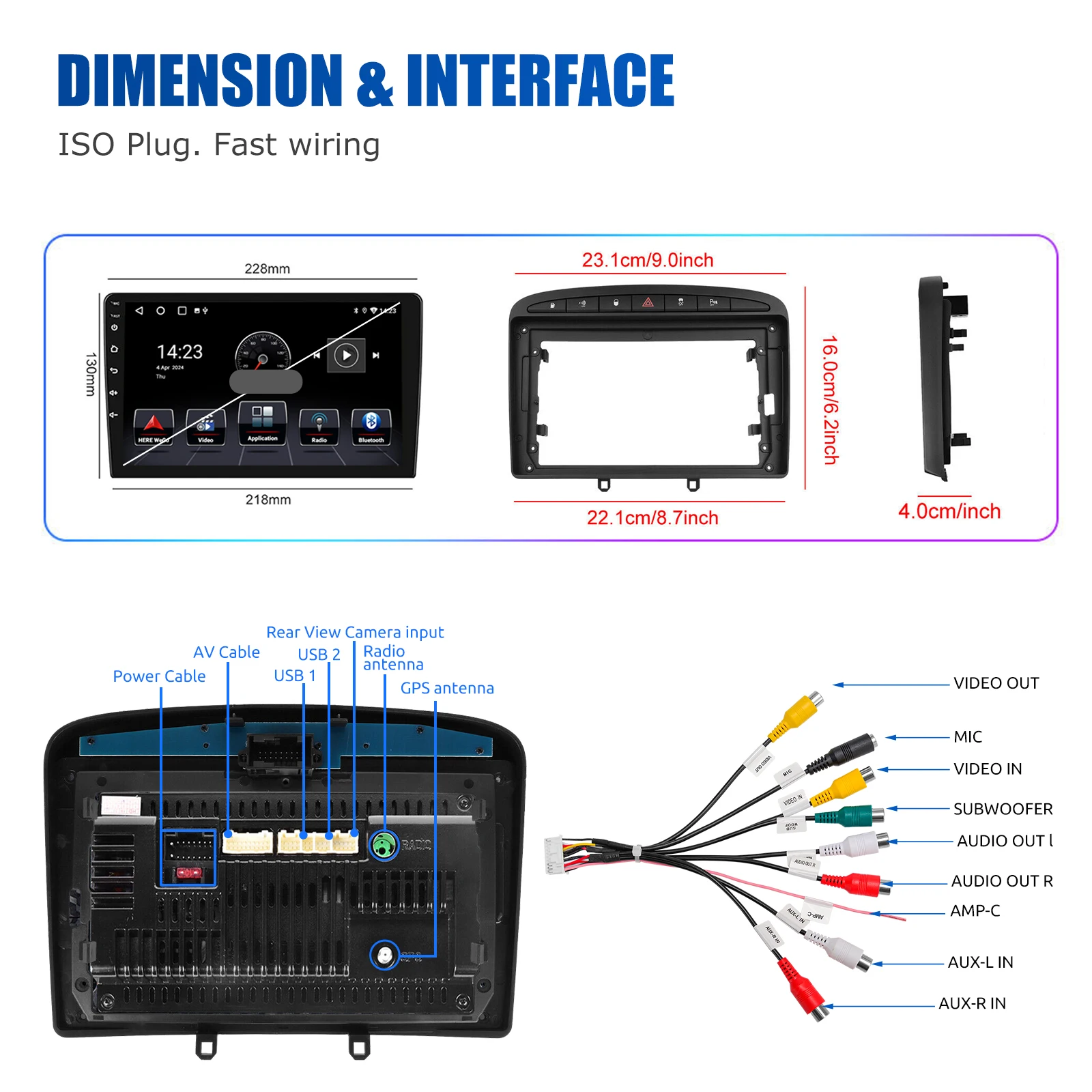 ESSGOO Android 14 Car Stereo Multimedia Player Radio 9" For Peugeot 408 308 2007-13 Carplay Android Auto GPS Navi Wifi RDS SWC