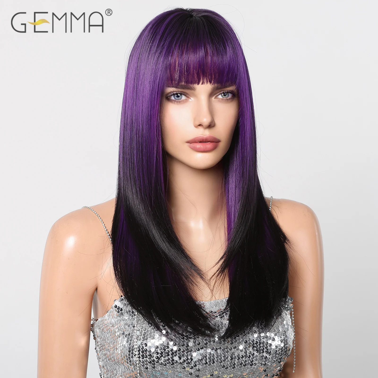 Ombre Dark Purple Wig with Bangs Synthetic Long Straight  display picture 1