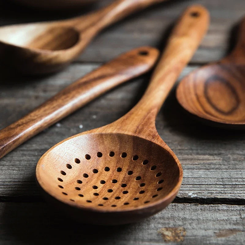 Wooden Kitchen Spoon Teak Wood Strainer Spoon Rice Scoop Paddle Large Wooden Skimmer for Cooking Kitchen Utensils