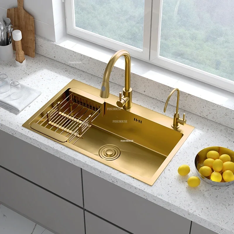 Stainless Steel Gold Kitchen Sinks Household Kitchen Accessories Light Luxury Handmade Single-slot Under-counter Sink