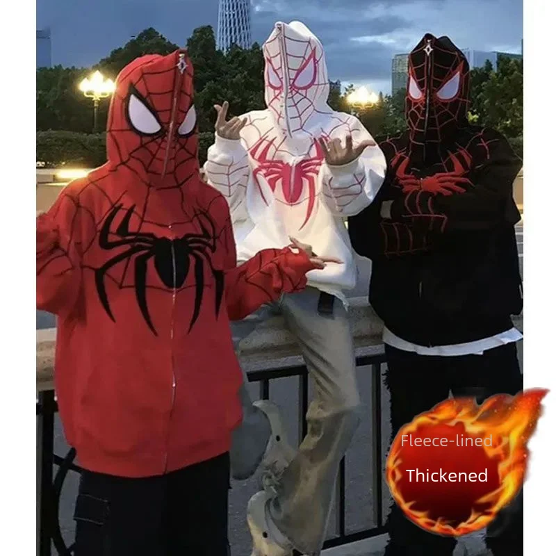 Instrendy Brand American Style Spiderman Hooded Sweatshirt Jacket For Men Women 2023 Autumn Winter Fleece-lined Versatile 2