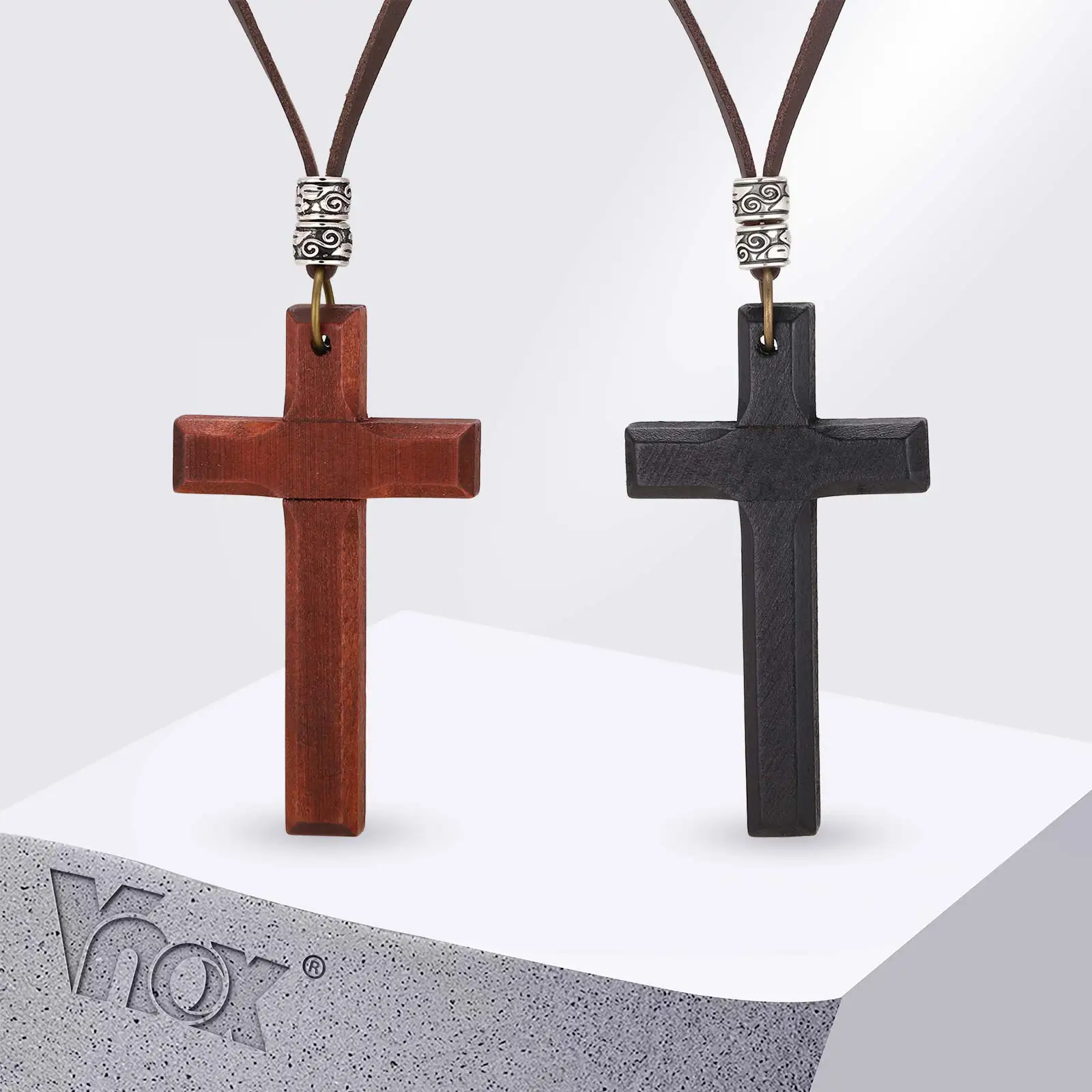 Vnox Vintage-Halskette mit Holzkreuz-Anhänger für Männer und Frauen, verstellbares 44–86 cm langes Lederband, christliches Gebetsamulett, Schmuck, Geschenk