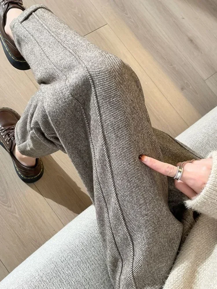 

Warm Women's Pants Thickening Wool High Waisted Ankle-Length Pants Korean Fashion Herringbone Thickening Streetwear Women 2024