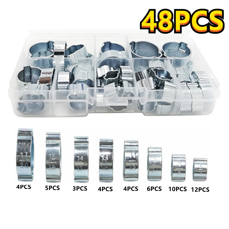 

48Pcs Zinc Plated Double Ears Clamp 5-20mm Worm Drive Fuel Water Hose Pipe Clamps Assorted Kit