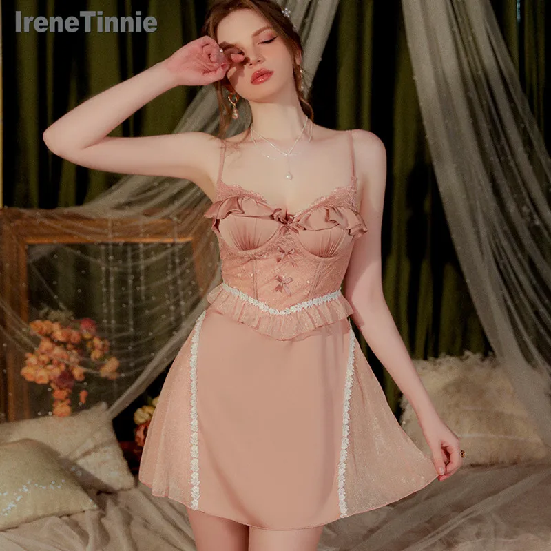 

IRENE TINNIE Ice Silk Embroidery Women Sleepwear With Chest Pad Sexy Lingerie Comfortable Nightdress Nightwear Short Dress