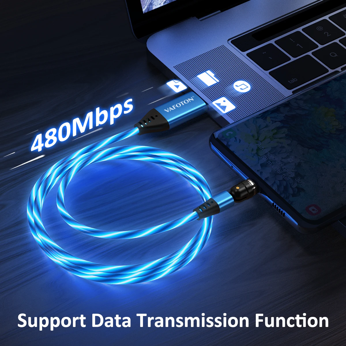 AUFU 3A LED Magnetic USB Cable 540 Rotate Fast Charge Micro USB