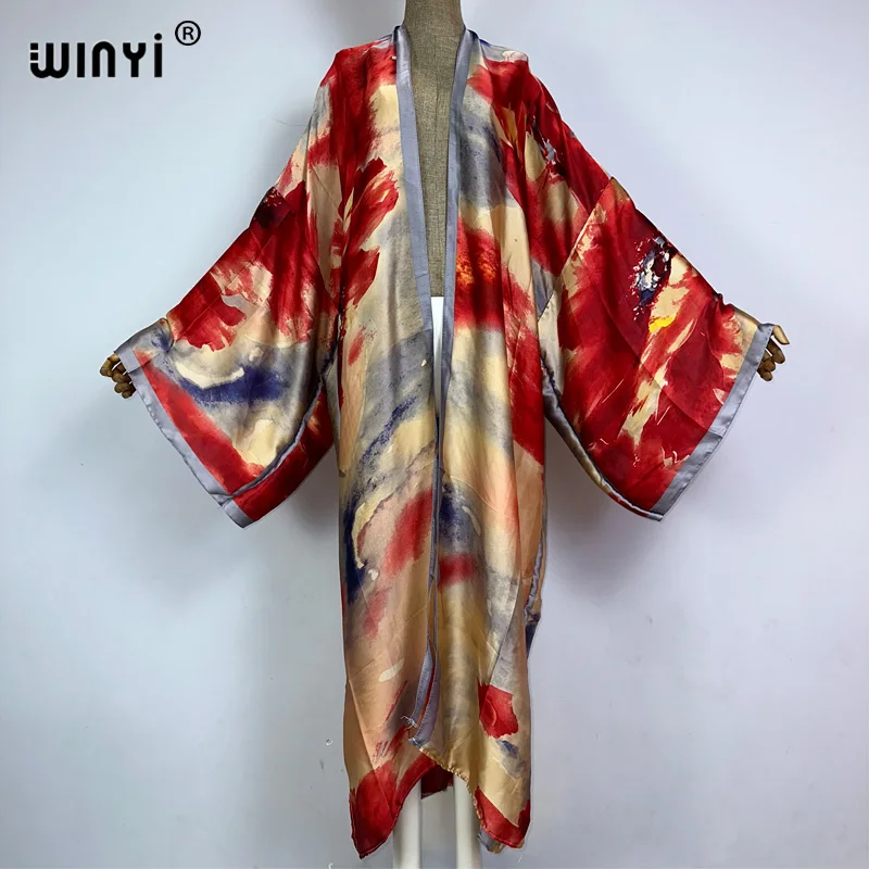 WINYI 기모노 보헤미안 프린트 보호 카프탄 비치 웨어 커버 업, 우아한 가디건, 섹시한 홀리데이 맥시 비치 의상, 여성용 베스티도