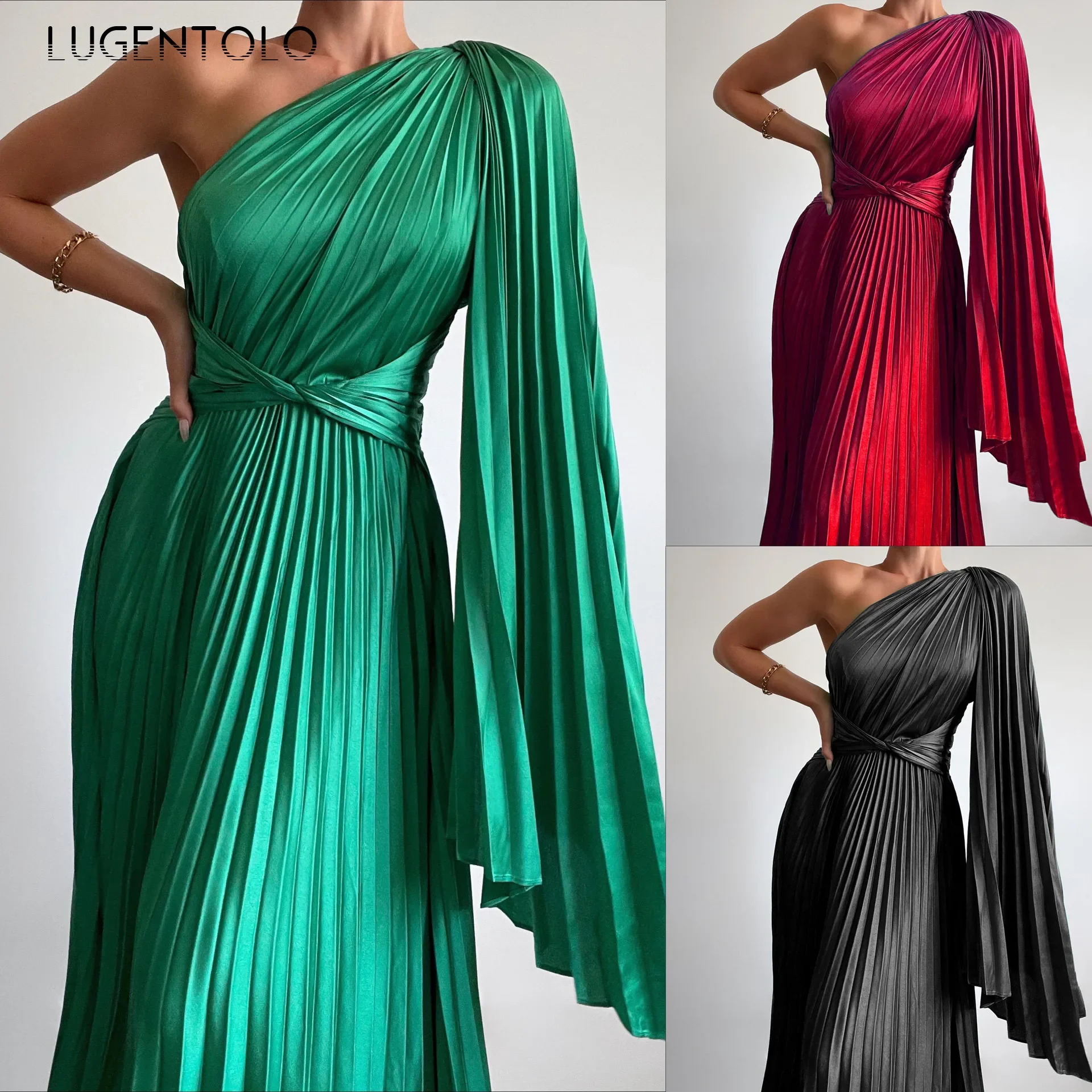 

Women Sexy Party Dress Sleeveless Slanted Shoulders Strapless Female Slim Pressed Pleats Big Swing Long Clothing Lugentolo