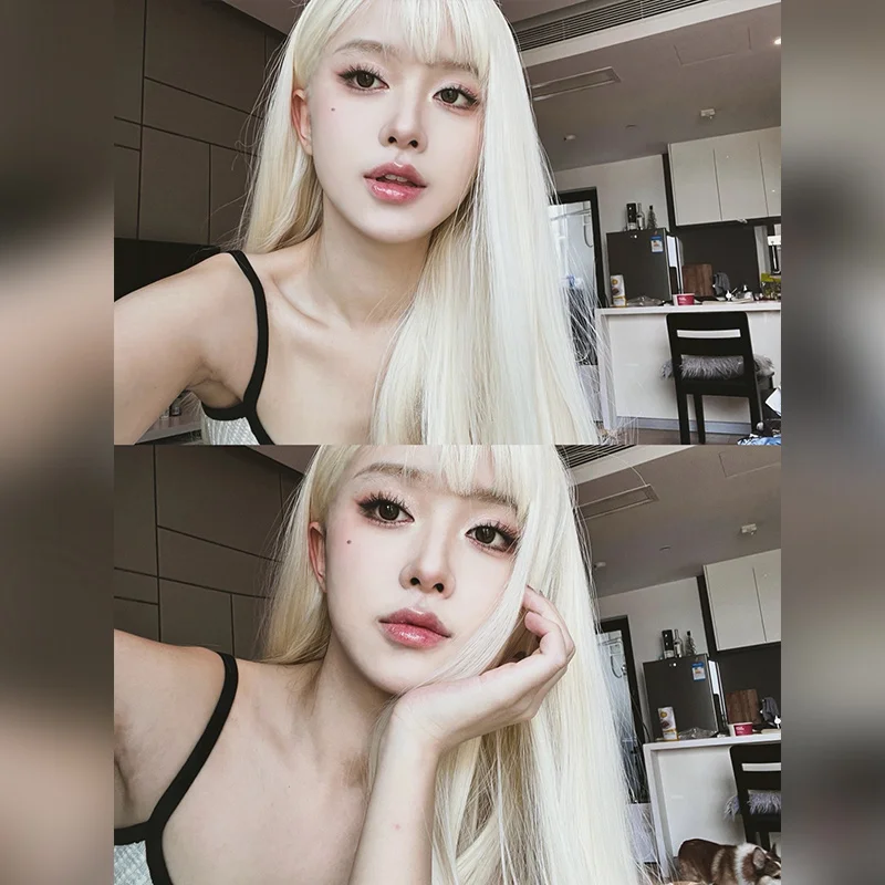 

Wig Female Blonde Long Straight Hair Air Bangs Jk Uniform Wig Girls And Women's Full Head Cover Sweet And Cute Anchor Daily Wig