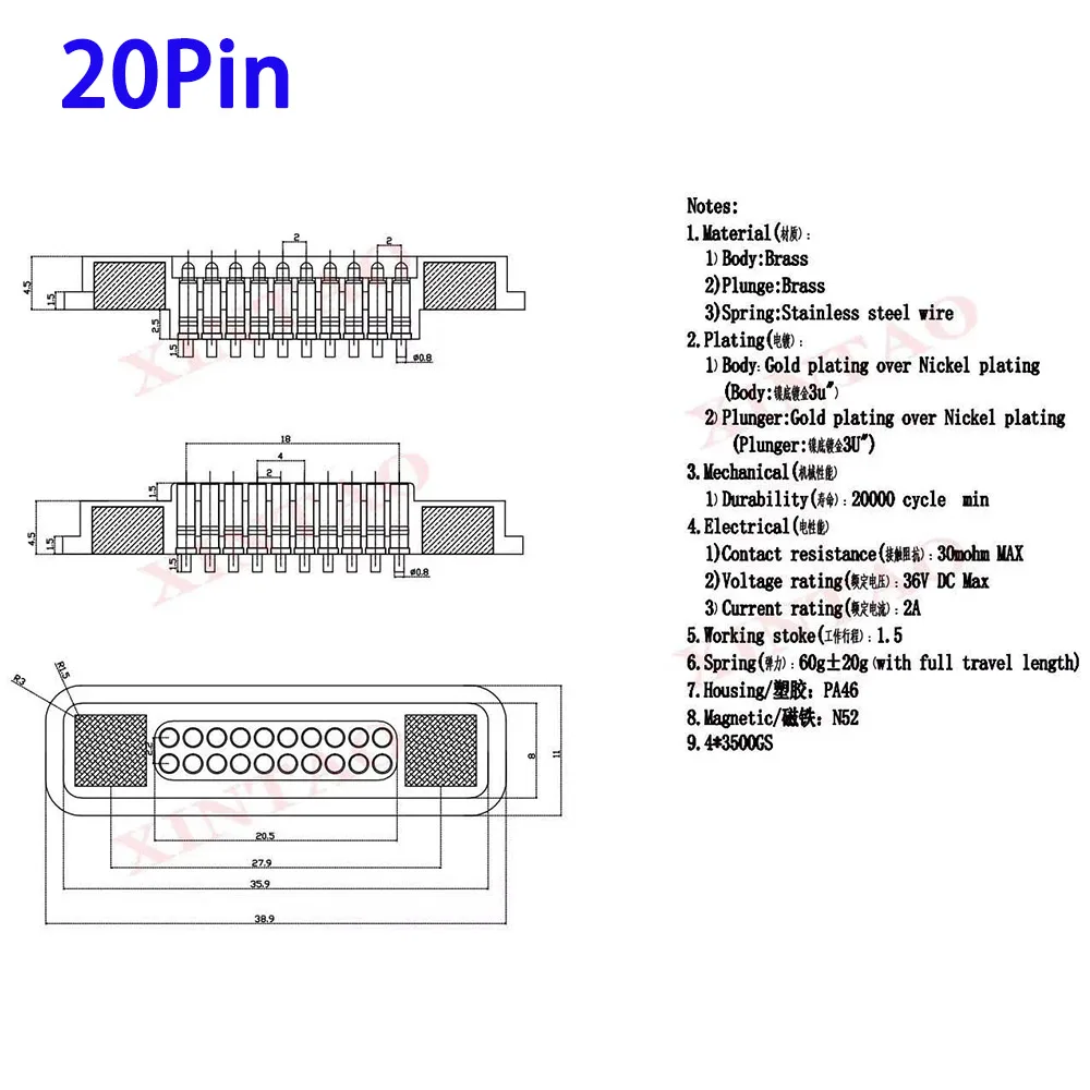 2er-Set 2A 12-Pin 20-Pin DC Magnetischer Pogo-Pin-Steckverbinder (Pogopin) Stecker und Buchse mit Flachbandkabel, federbelasteter DC-Stromanschluss – Detail 11
