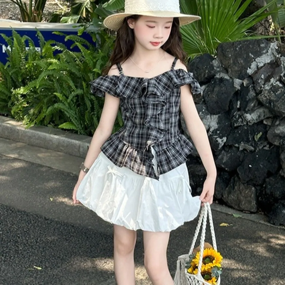 Grid Pleated Kids Ruffles Short Dress One Shoulder Neck Suspenders Girls Puff Sleeve Skirt Casual Camisole Top