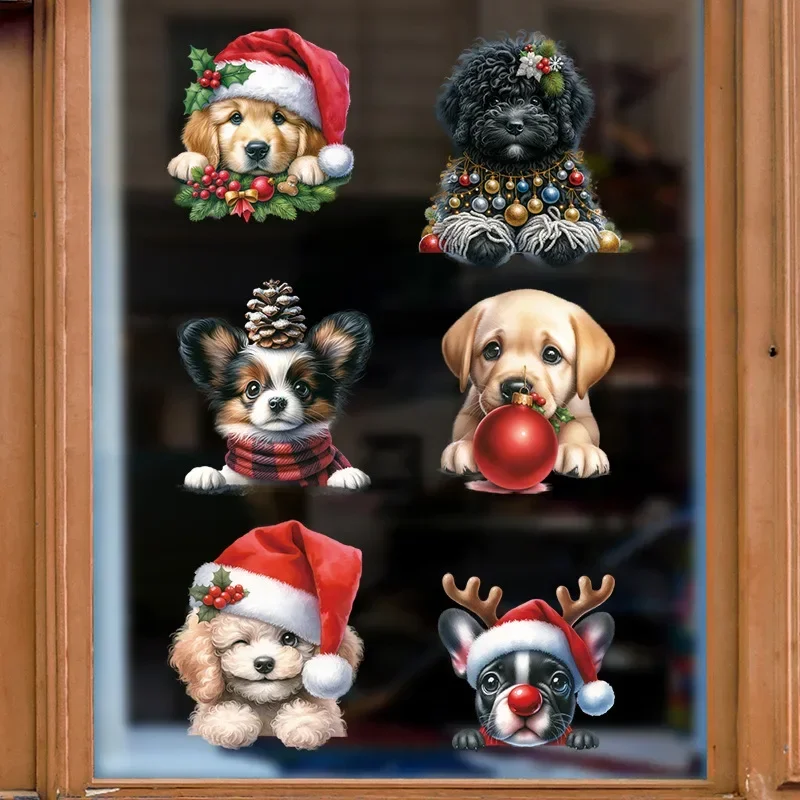 Cartoon Dog Christmas Window Stickers Static Sticker Kids Room New Year Window Decal Merry Christmas Decorations for Home