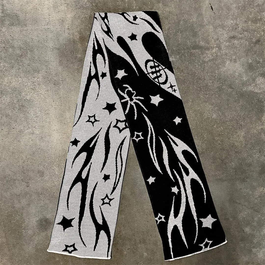 Fashion creative star striped knitted women's scarf men's winter scarf apron black tassel luminous Y2K Kpop 2