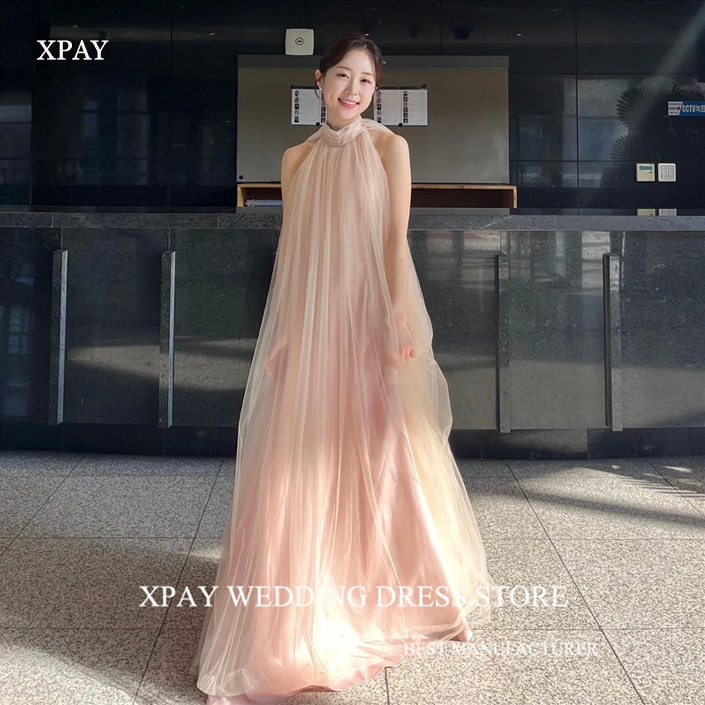 

XPAY Simple Blush Pink Tulle Korea Lady Evening Dresses For Wedding Party Photo shoot High Neck Floor Length Prom Gowns