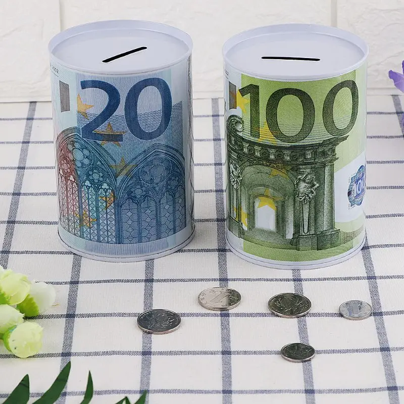 Creative Euro Dollar Metal Cylinder Piggy Bank Saving Money Box Home Decorations Tinplate Material Coin Bank Money Boxes 5