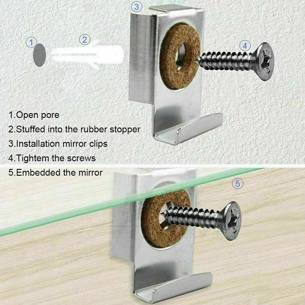 4pcs Bathroom Mirror Wall Hanging Fixing Kit Frameless Clips Mounting Hanger Clamp Wall Brackets Clamps Hardware Screws Set mirror fixing kit