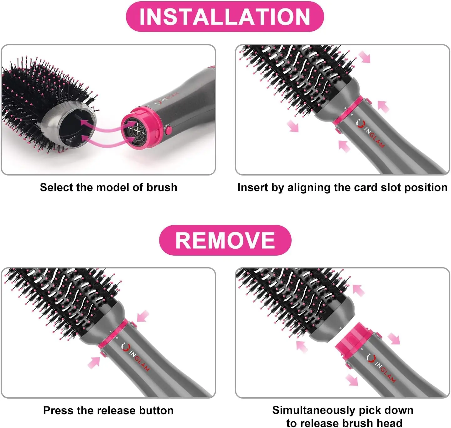 INGLAM 4 in 1 Blowout Brush, Negative Ion Detachable Hair Dryer & Styler Volumizer Hot Air Brush with 2 Styling Brush Heads,