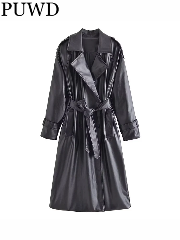 

PUWD Women With Belt Faux Leather Trench Coat 2022 Fall/Winter Vintage Outerwear Long Sleeve Flap Pockets Female Chic Overcoat