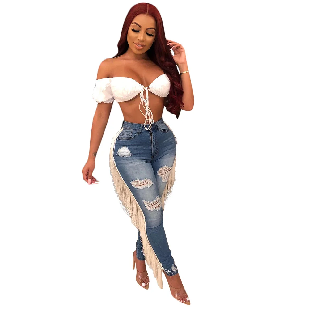 

DEARIRIS Women's High Waisted Ripped Jeans Cut Out Destroyed Frayed Tassels Distressed Denim Pants