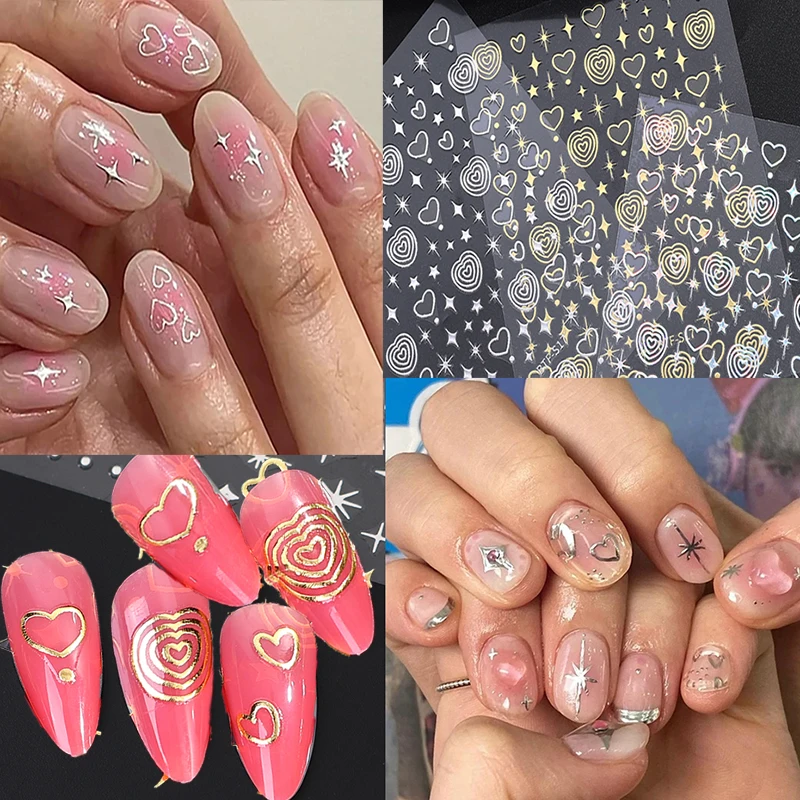 3D Love Heart Nail Stickers Holographic Bronzing Stars Sliders Starlight Flame Silver Chrome Diy Nail Art Manicure Decorazione