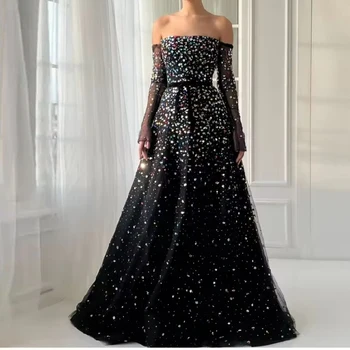 Colorful Stones Black Luxurious Mermaid Evening Dress for Women Off The Shoulder Sleeve Beads Lace Up Robes De Soiree Customized